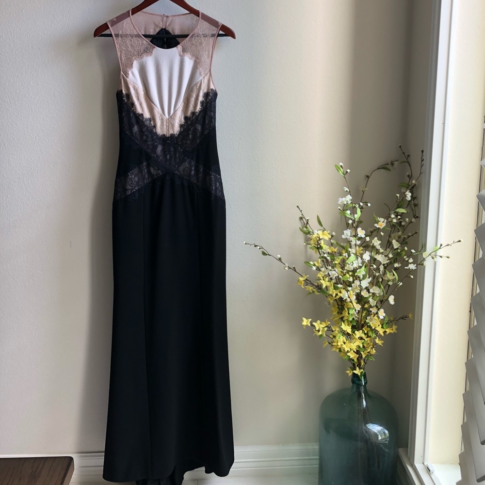 BCBGMaxAzria Black and Blush Lace Inset Evening Gown